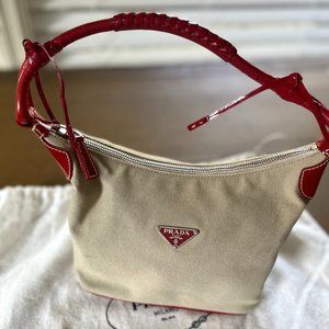 PRADA Vintage  Canapa bag in Tan Canvas with Red Patent Leather Handle